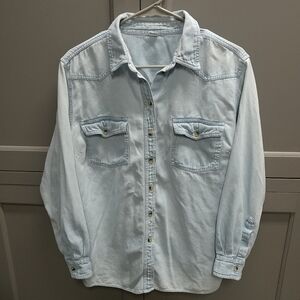 Distressed Jean Long Sleeve Shirt Women's Large Denim Worn w/Holes 100% Cotton